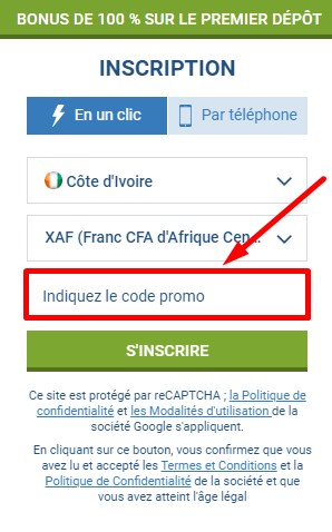 Entrez le code promo 1xBet